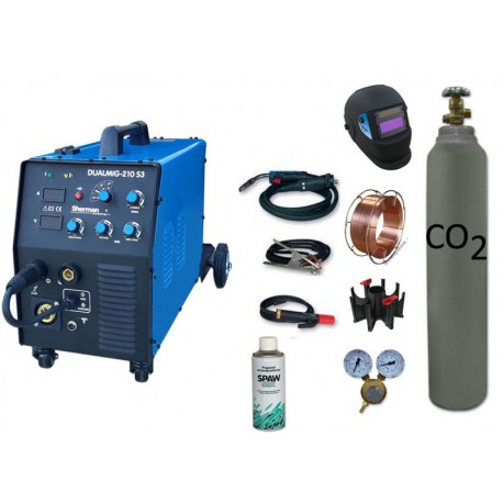 Spawarka DUALMIG 210 S3 Sherman + butla CO2 6kg + reduktor dwumanometrowy + przyłbica V1a + drut + adaptor + spawmix
