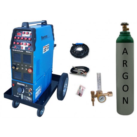 Zestaw spawalniczy TIG 320 AC/DC pulse WS-7,5LT, wózek platformowy TIG + przyłbica V2a + butla + reduktor z rotametrem
