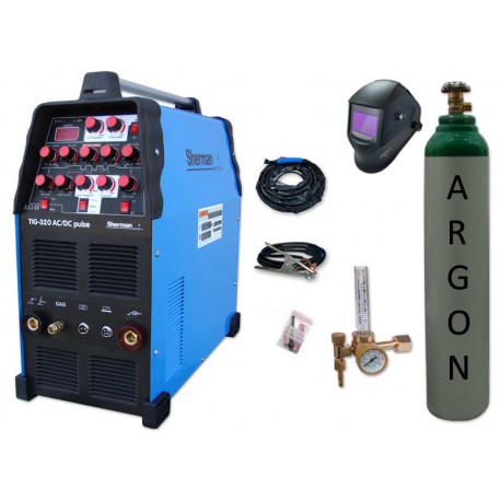 Spawarka TIG 320 AC/DC pulse Sherman + przyłbica V2 + butla + reduktor z rotametrem