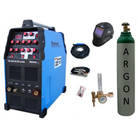 Spawarka TIG 320 AC/DC pulse Sherman + przyłbica V2a + butla + reduktor z rotametrem