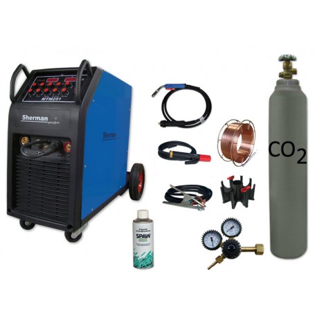 Spawarka MTM 251 + butla CO2 6kg + reduktor dwumanometrowy + przyłbica samościemniająca V1a + drut + adaptor + spawmix