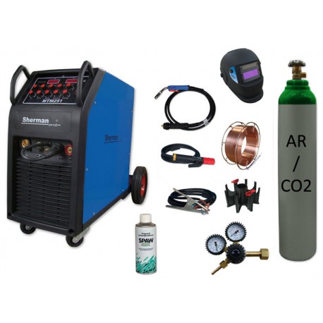 Spawarka MTM 251 + butla CO2 6kg + reduktor dwumanometrowy + przyłbica samościemniająca V1a + drut + adaptor + spawmix
