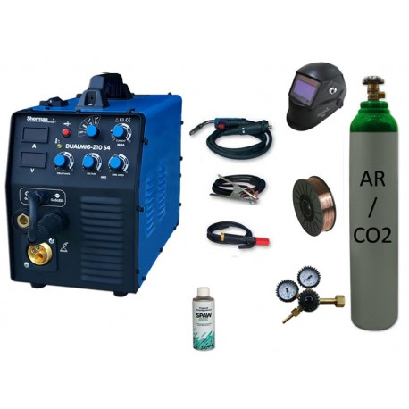 Spawarka Sherman DUALMIG 210 S4 + drut + butla mix + przyłbica V2a + reduktor dwumanometrowy + spawmix