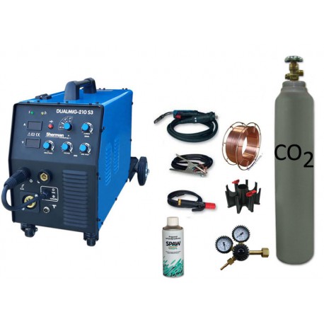 Spawarka DUALMIG 210 S3 Sherman + butla CO2 6kg + reduktor dwumanometrowy + przyłbica V1a + drut + adaptor + spawmix
